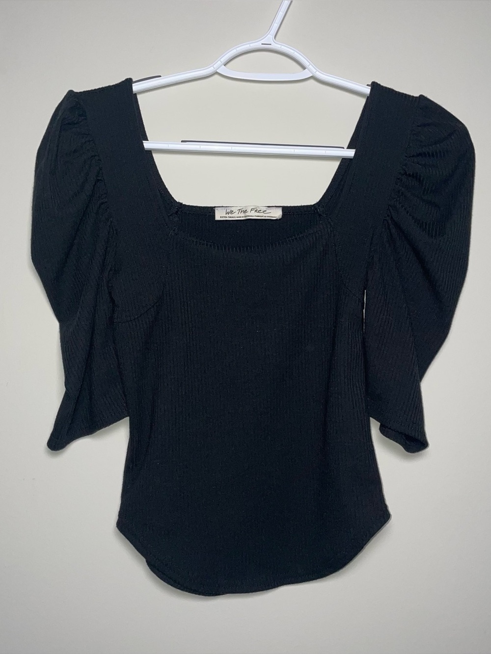 We The Free XS Black Runched Puff Sleeve Ribbed Square Neck Blouse